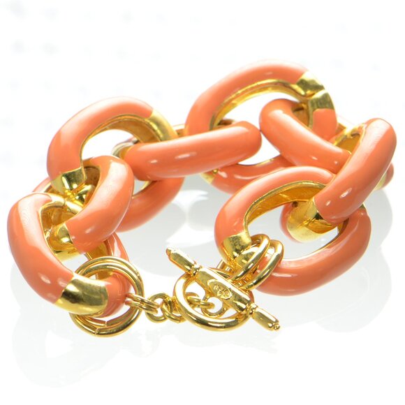 Kenneth Jay Lane KJL Polished Gold & Coral Enamel Chunky Link Bracelet - Picture 3 of 4